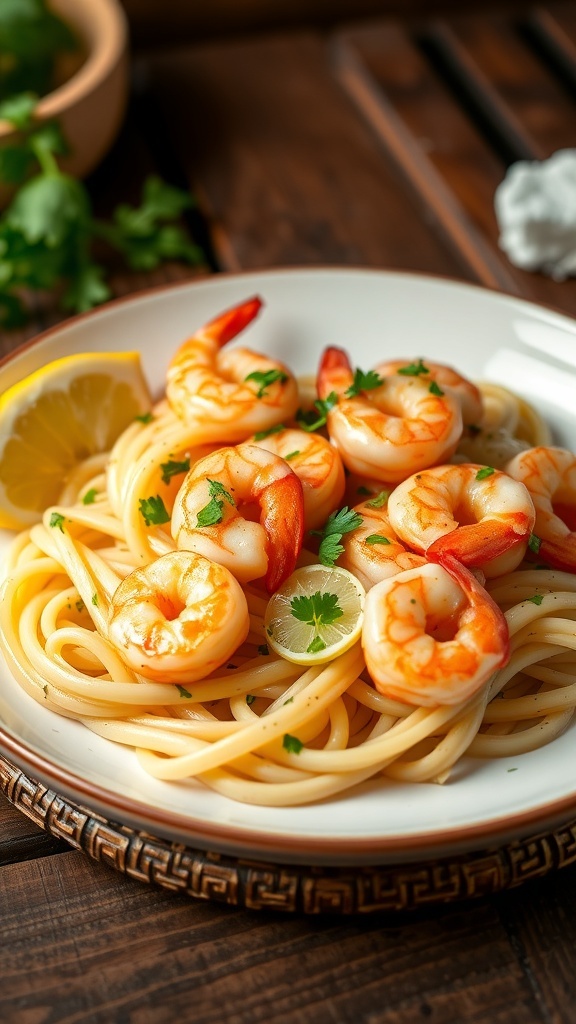 Classic Shrimp Scampi Recipe Shrimp scampi with garlic butter sauce and parsley served over pasta, garnished with lemon on a rustic table.